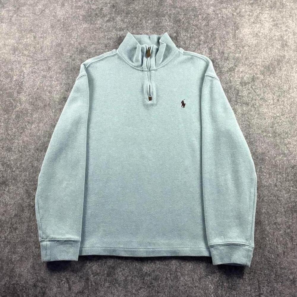 Vintage Y2K Polo Ralph Lauren Men’s M Light Blue Cotton Quarter Zip Sweater Pony
